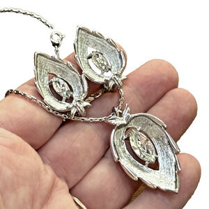 Sarah Coventry Silver & Rhinestone Leaf Jewelry Set Necklace & Clip-On Earrings